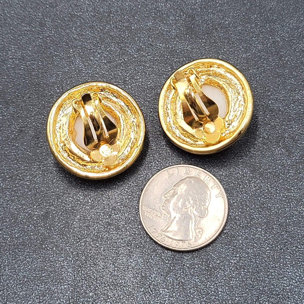 Vintage Clip on Earrings Gold tone White Acrylic Dome Drop Studs 1"