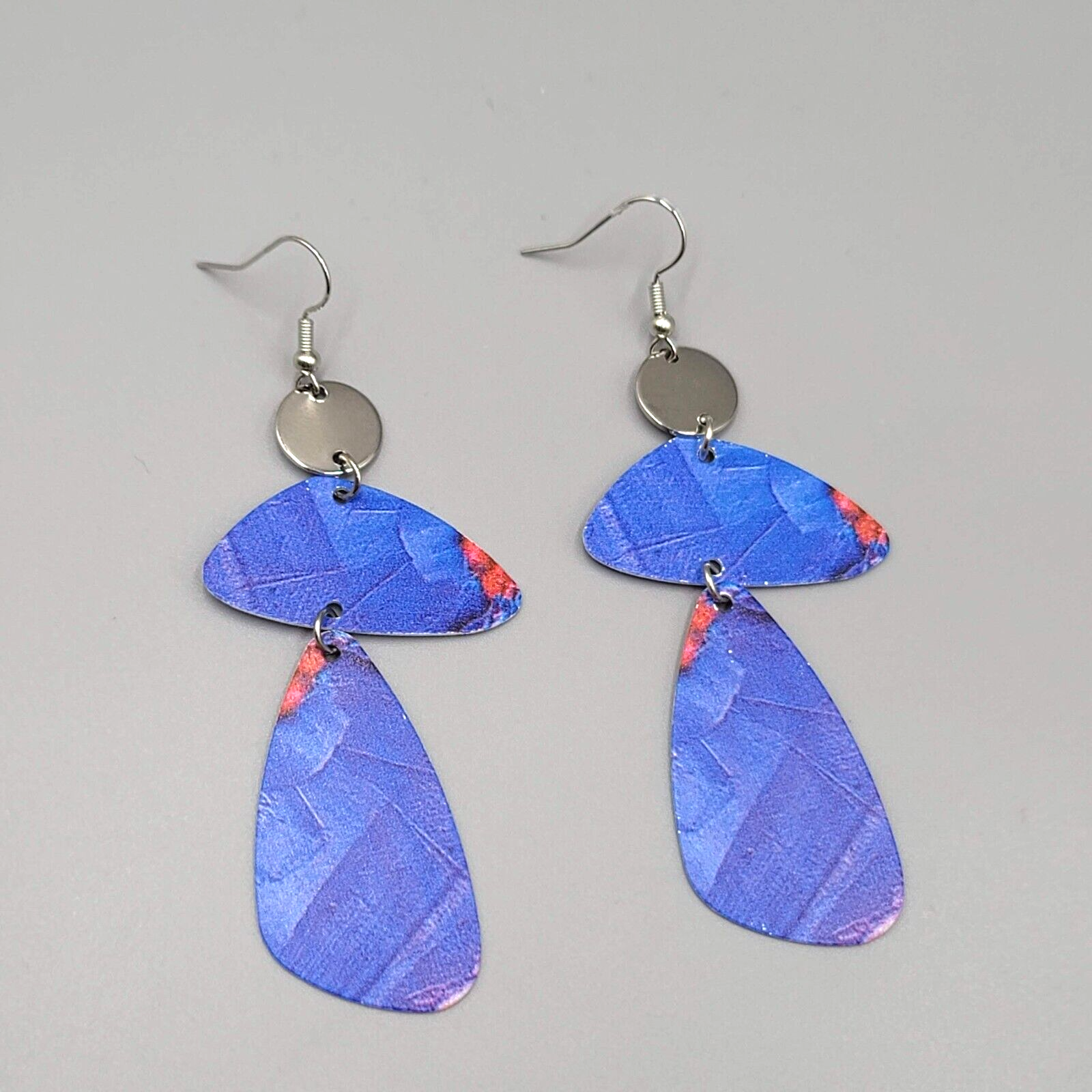 Long Statement Pierced Earrings Silver tone Blue Geometric Statement Dangle 3"