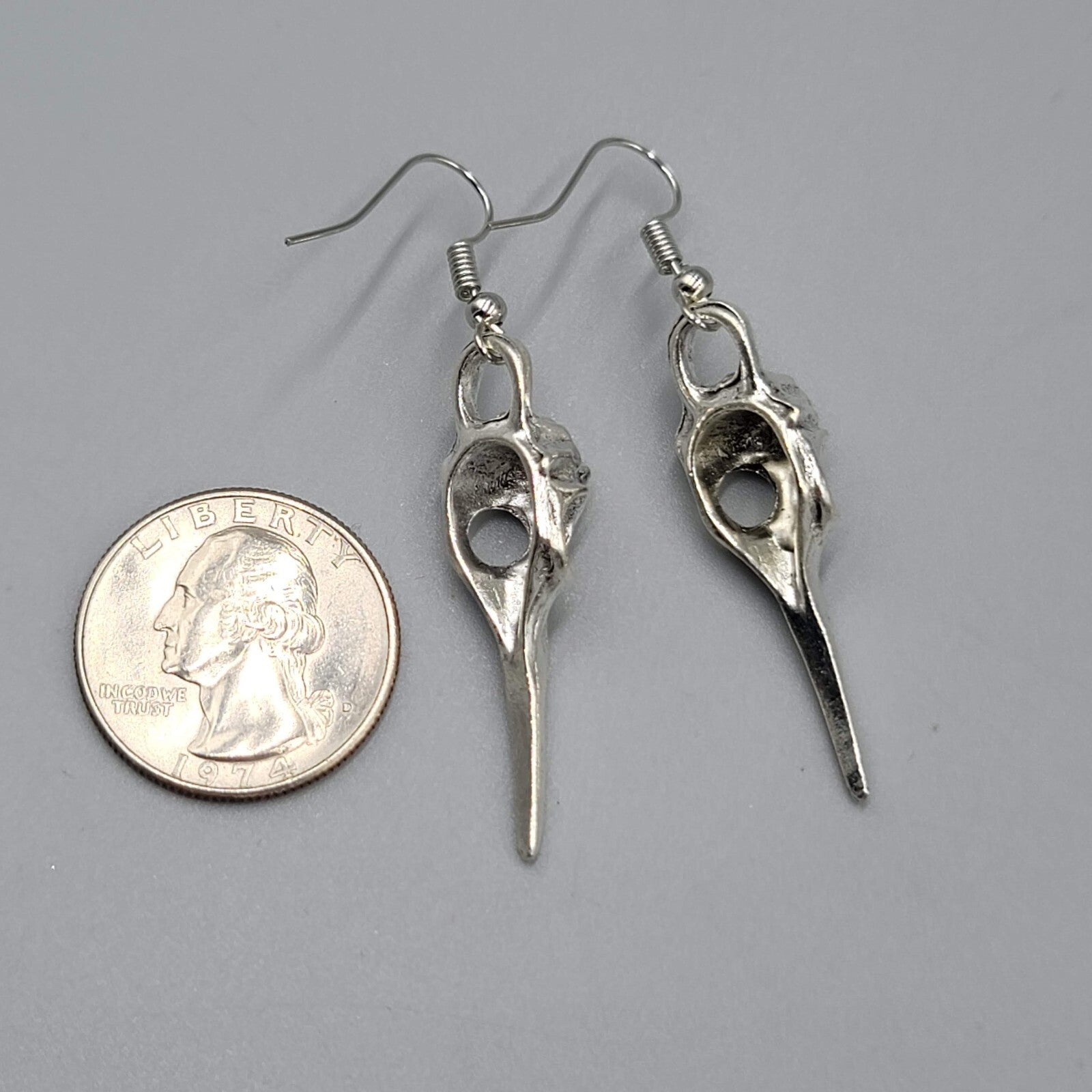 Bird Skull Pierced Earrings Silver tone Dangle New 1.5"
