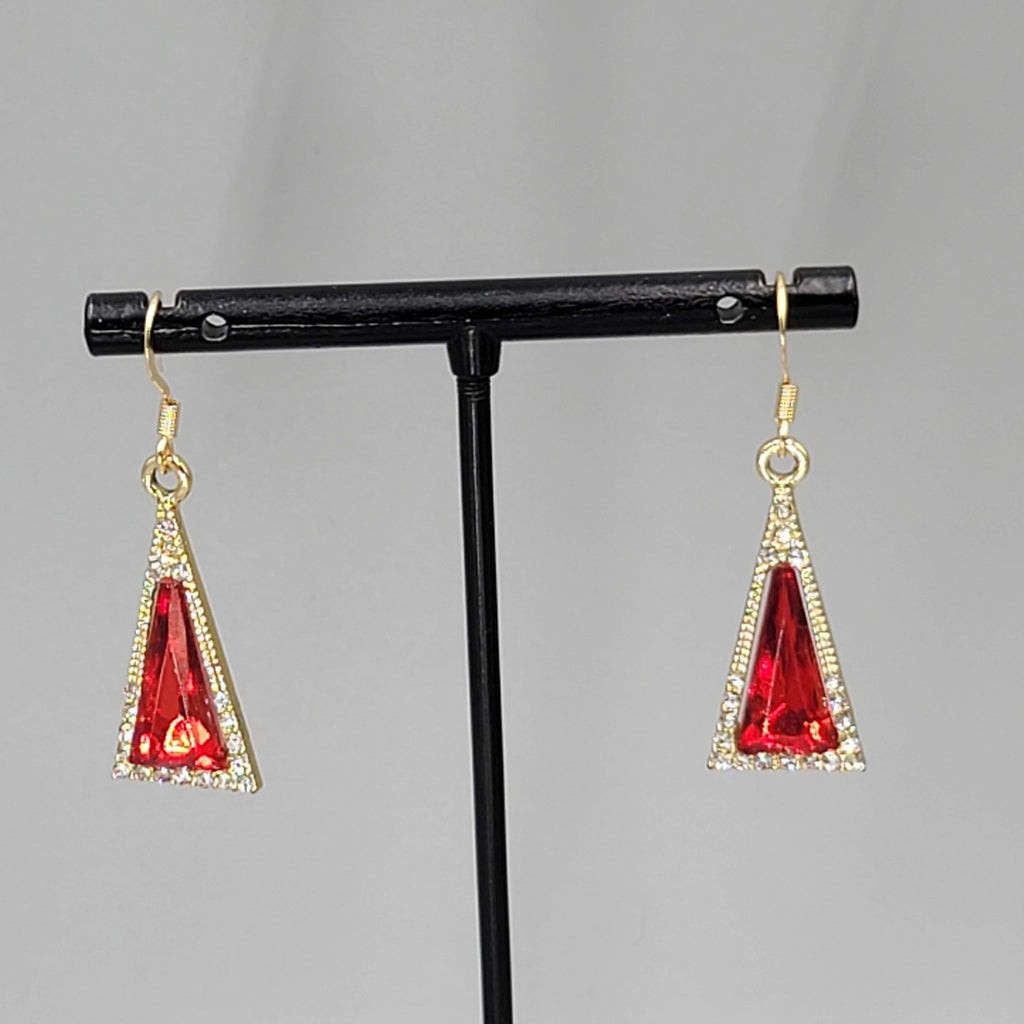 Red Rhinestone Triangle Pierced Earrings Gold tone Dangle 7/8"