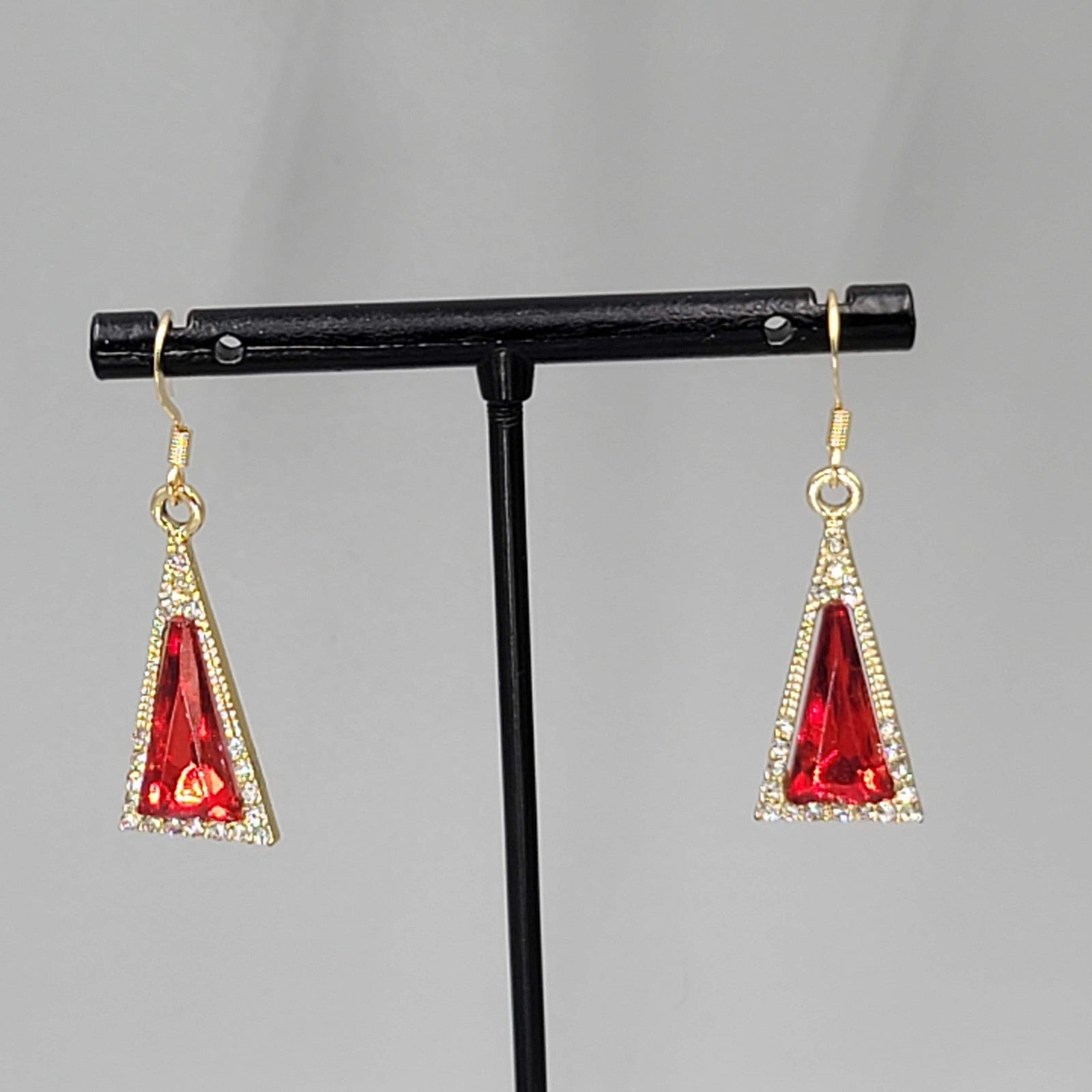 Red Rhinestone Triangle Pierced Earrings Gold tone Dangle 7/8"