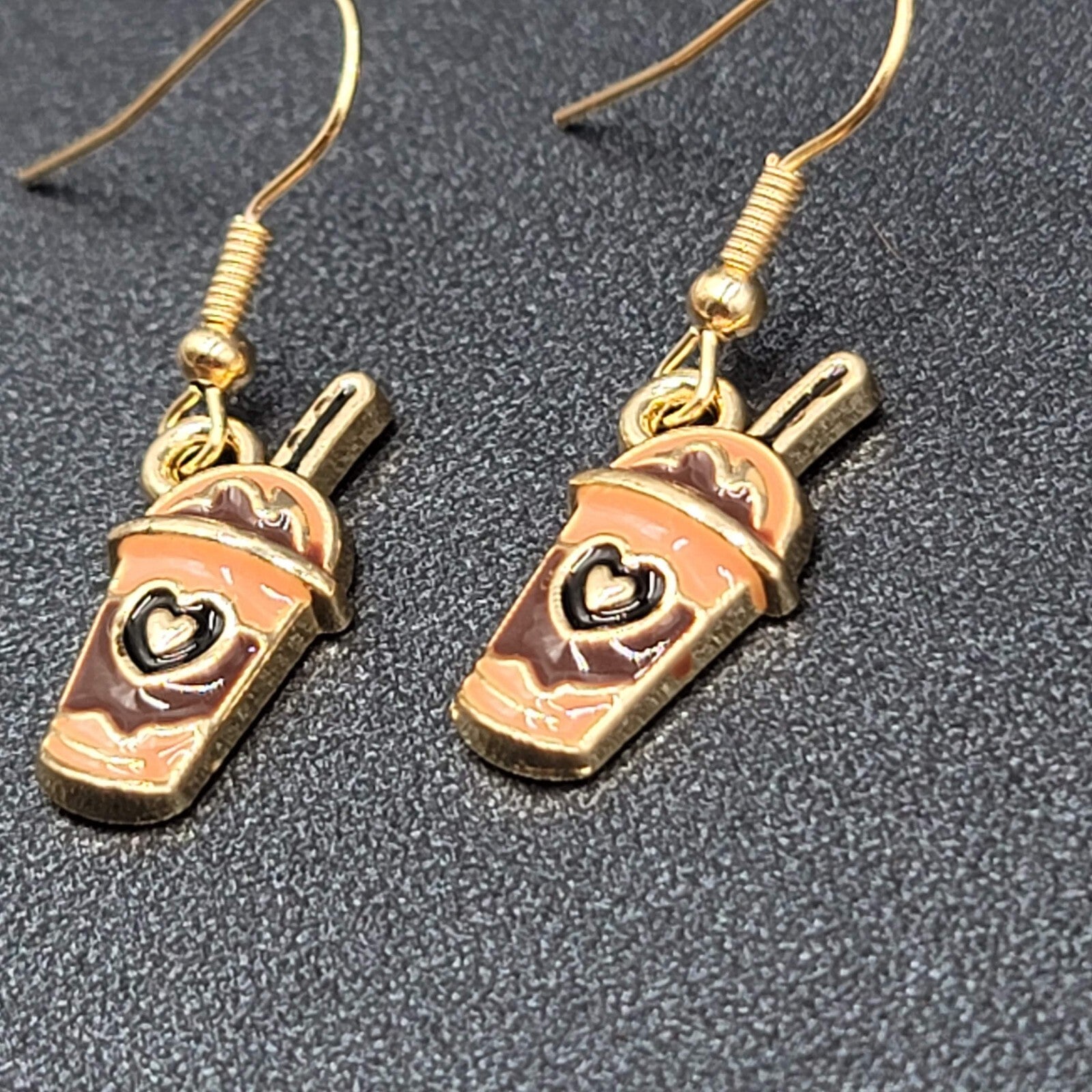 Smoothie Pierced Earrings Shake Coffee Gold tone Dangle Enamel 3/4"