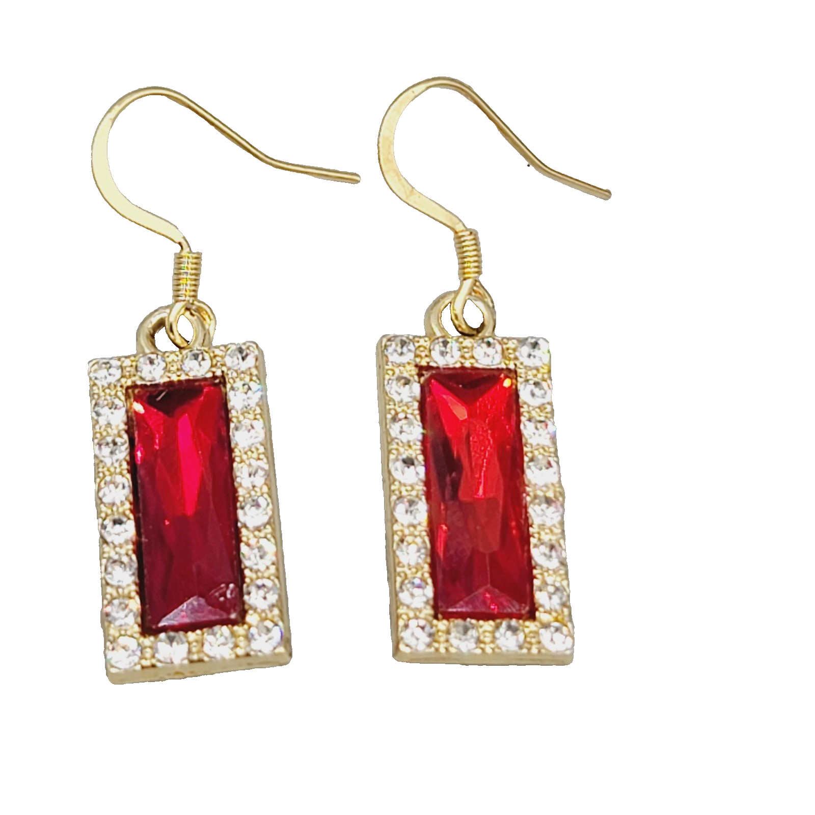 Red Rhinestone Rectangle Pierced Earrings Gold tone Dangle 7/8"
