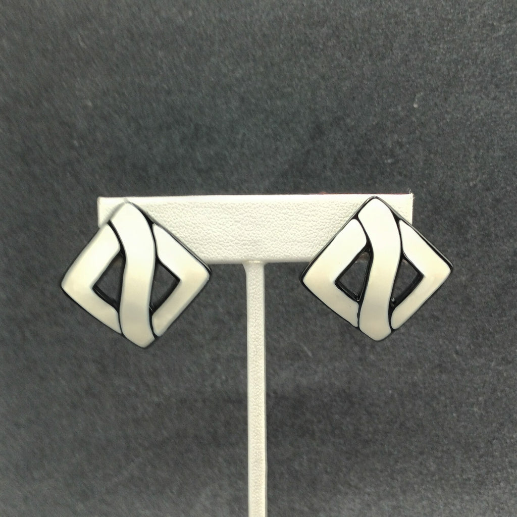 Vintage Pierced Earrings White Black Enamel Open Square Drop 1 3/8"