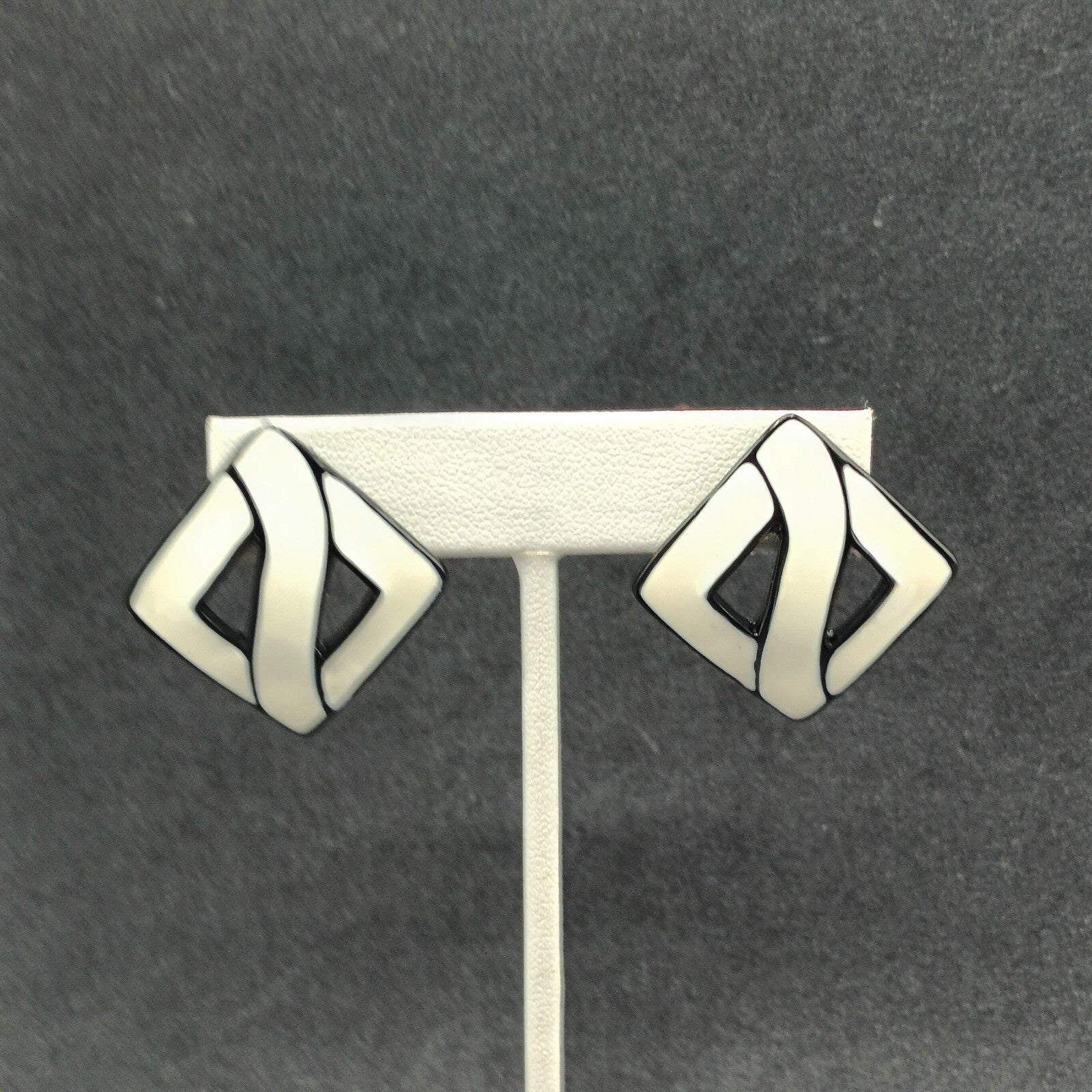 Vintage Pierced Earrings White Black Enamel Open Square Drop 1 3/8"