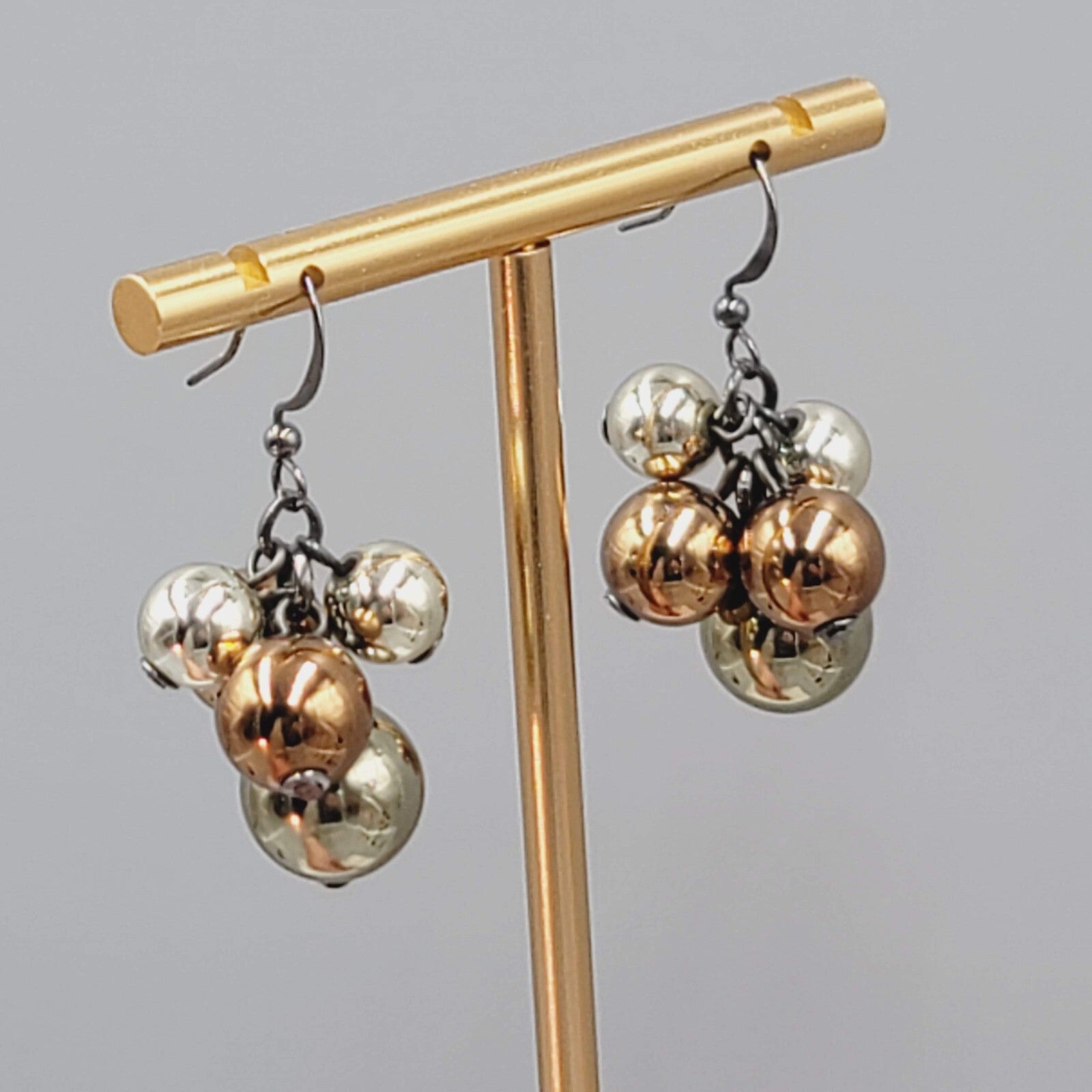 Multi Tone Metal Cluster Beads Pierced Earrings Dangle 1"