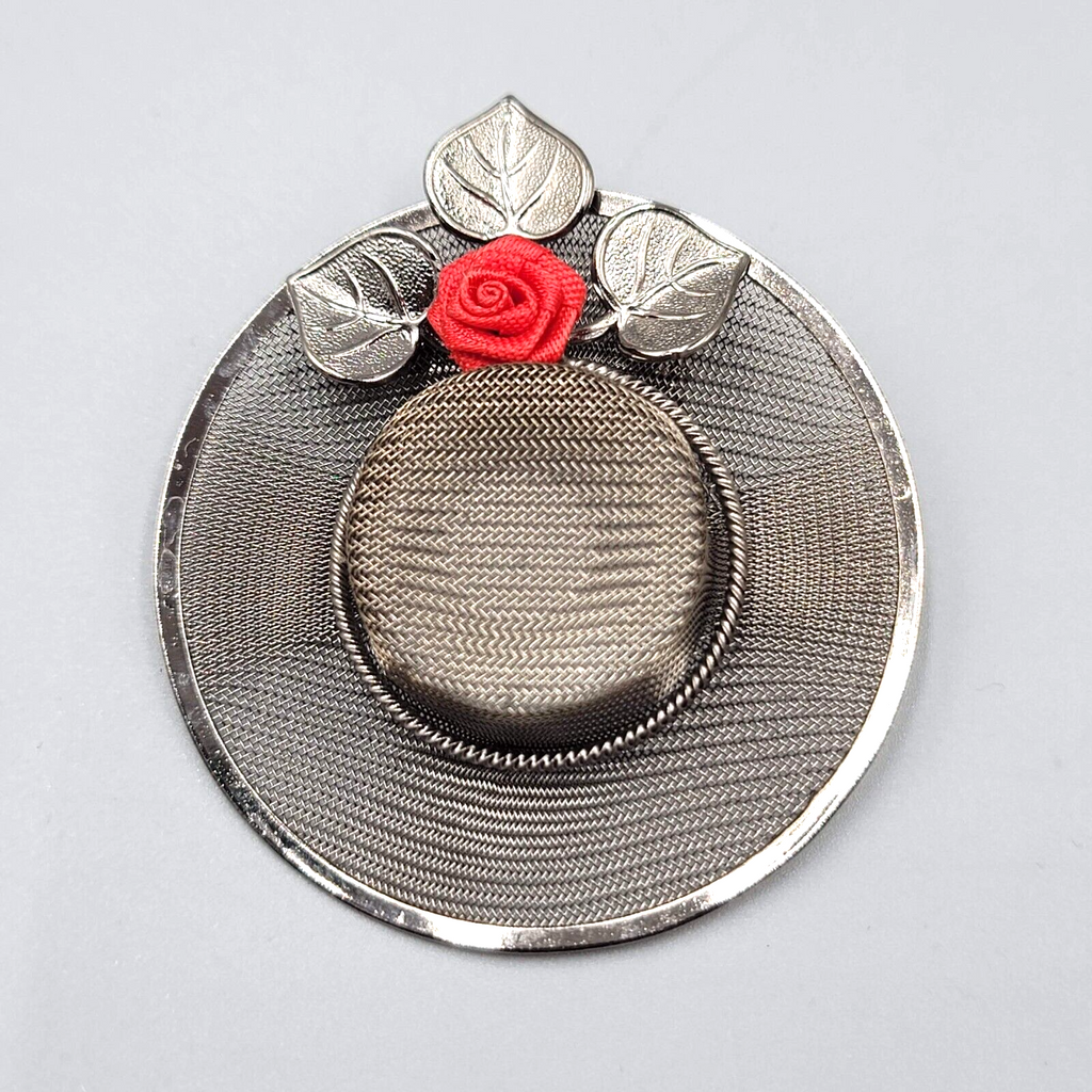 Vintage Gray Metallic Mesh Hat Leaf Faux Pearl Pin Brooch Silver tone Red Rose