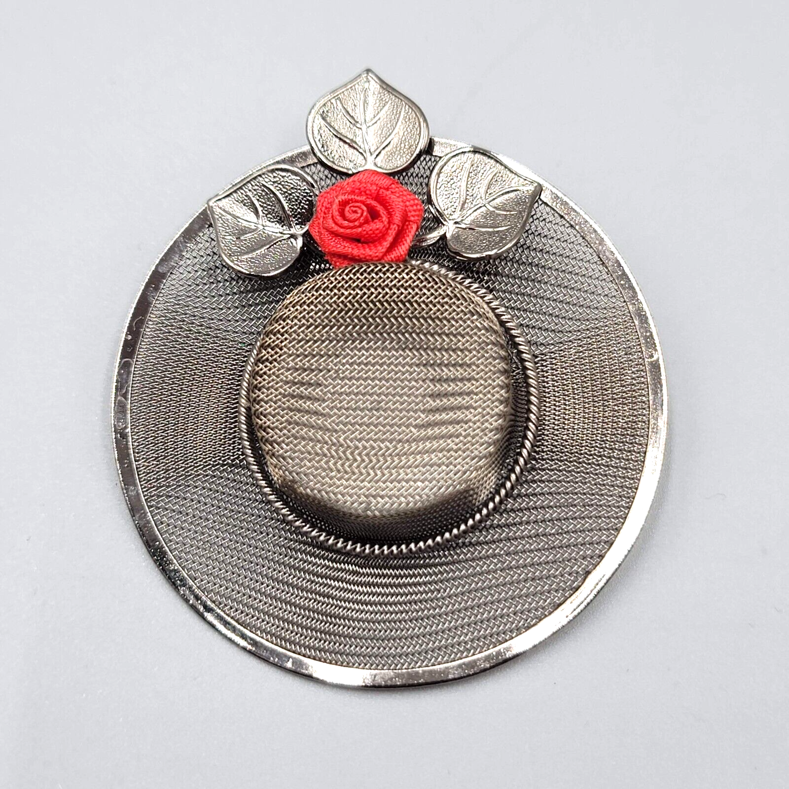 Vintage Gray Metallic Mesh Hat Leaf Faux Pearl Pin Brooch Silver tone Red Rose