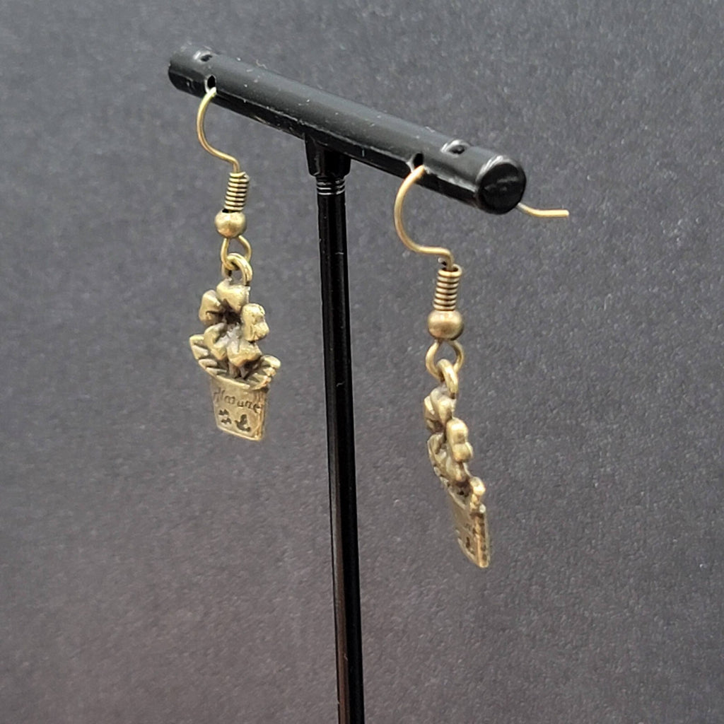 New Flower Pot Pierced Earrings Nature Bronze tone Dangle 3/4"