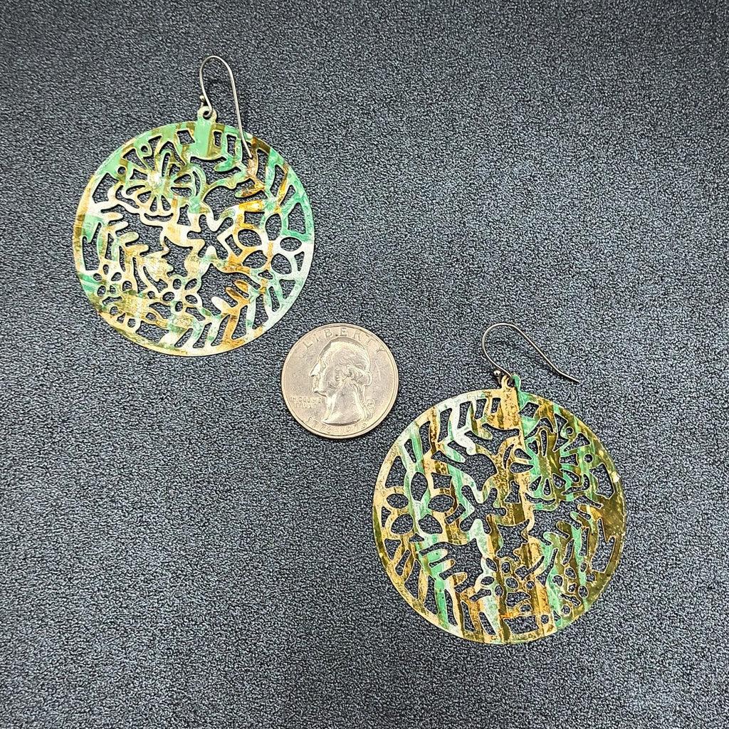 Pierced Earrings Metal Open Work Brown and Green Enamel Medallion Dangle 2"