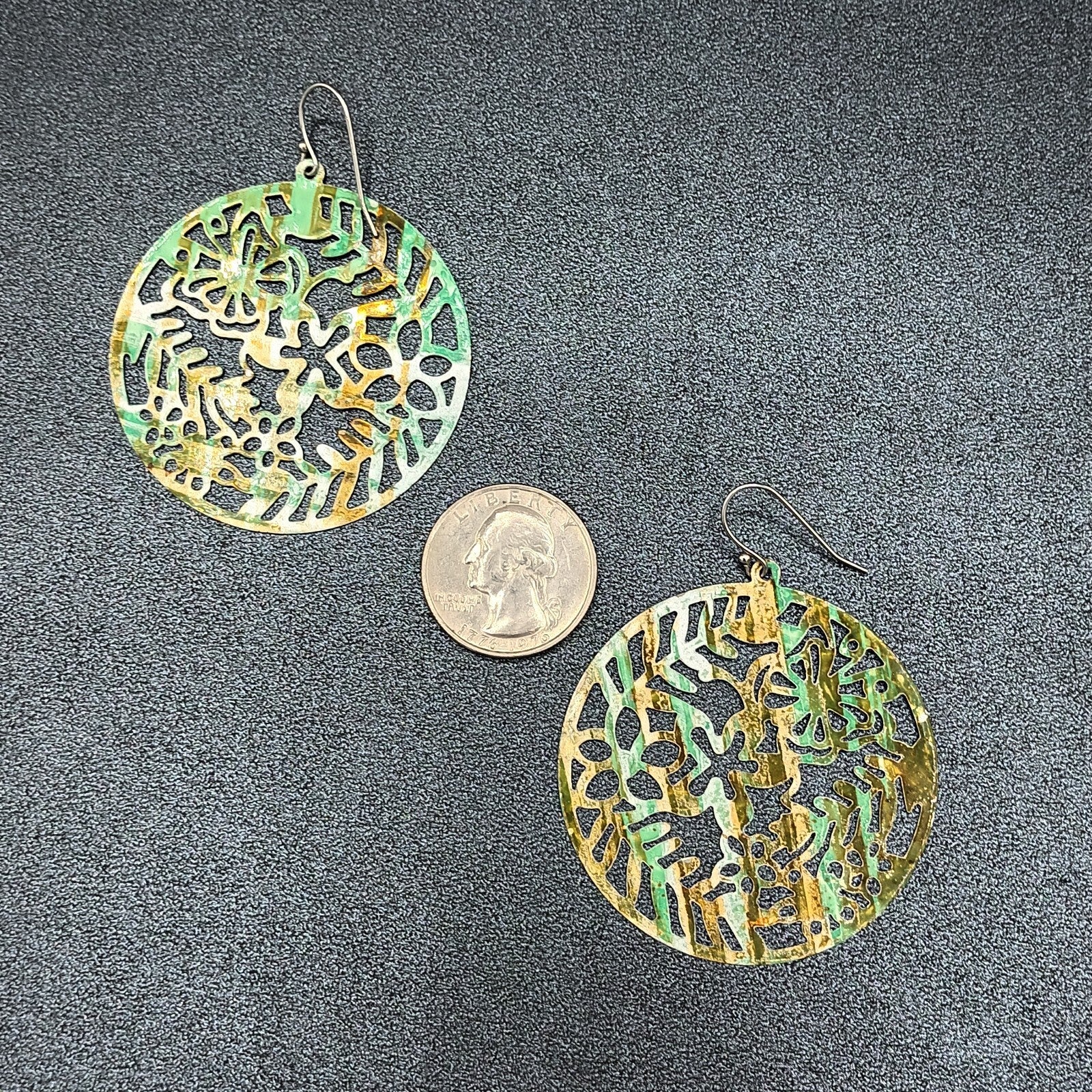 Pierced Earrings Metal Open Work Brown and Green Enamel Medallion Dangle 2"