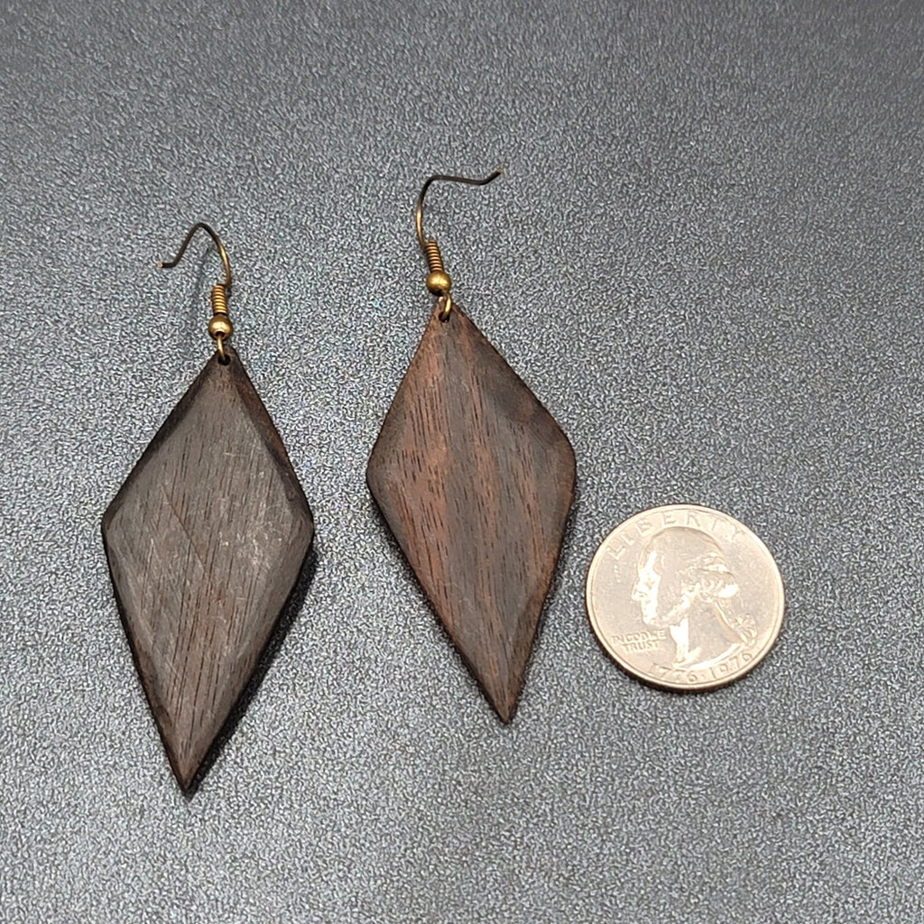 Vintage Pierced Earrings Wood Mother of Pearl Unique Hand Carved Dangle 2 1/8"