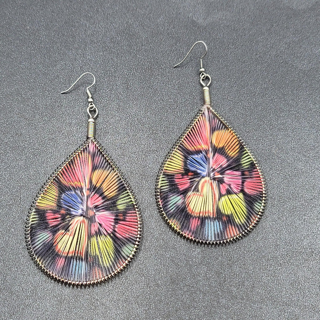 Large Pierced Earrings Silver tone Teardrop String Art Hearts Theme 3.5"
