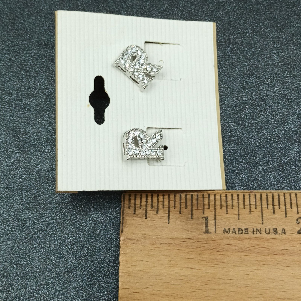 Pierced Earrings Silver tone Rhinestone Letter R Studs 1/2" New Old Stock