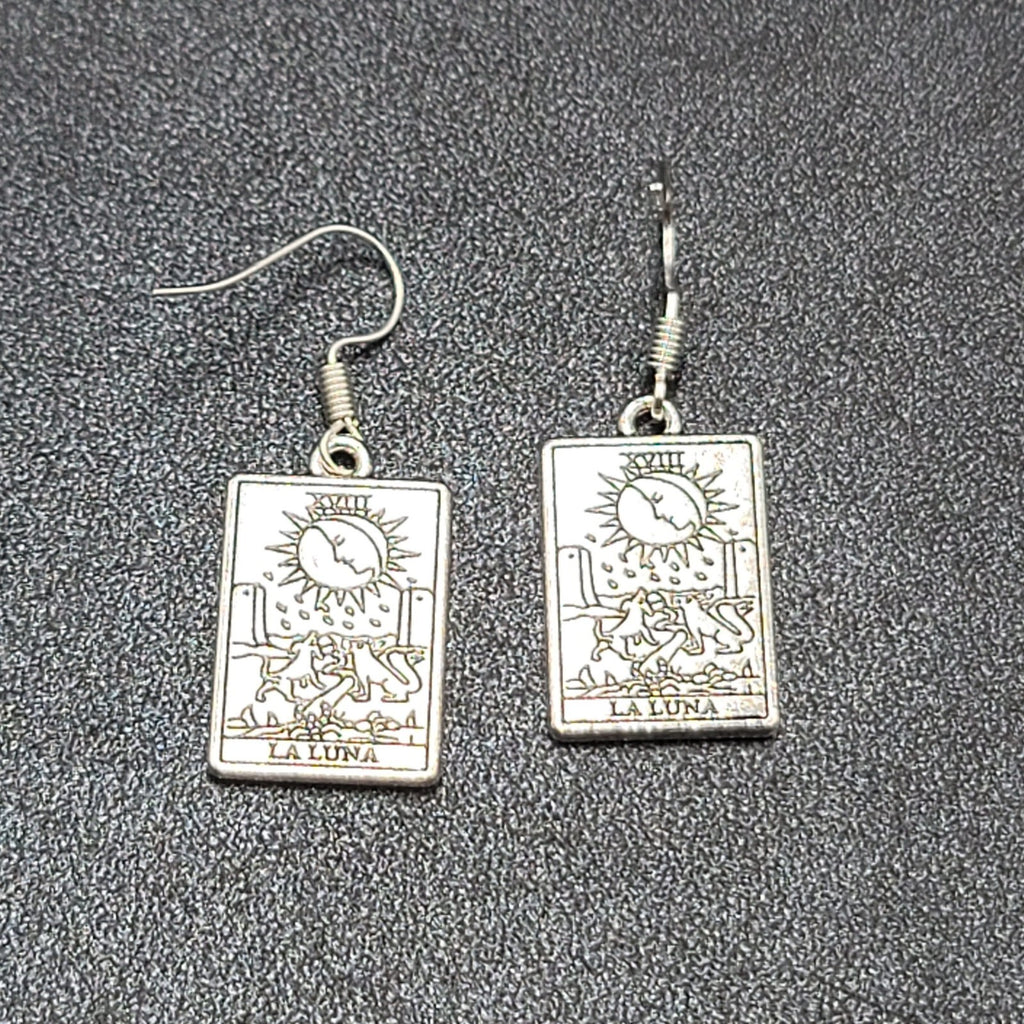 The Moon LA LUNA Tarot Card Pierced Earrings Silver tone 1"
