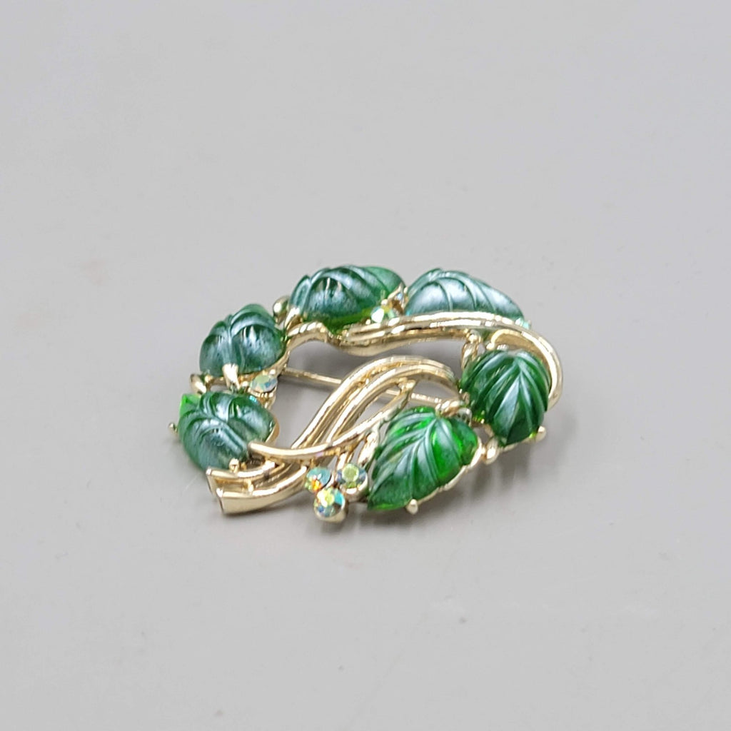 Vintage Molded Green Leaf Wreath Brooch AB Rhinestones Gold tone 1.75 in