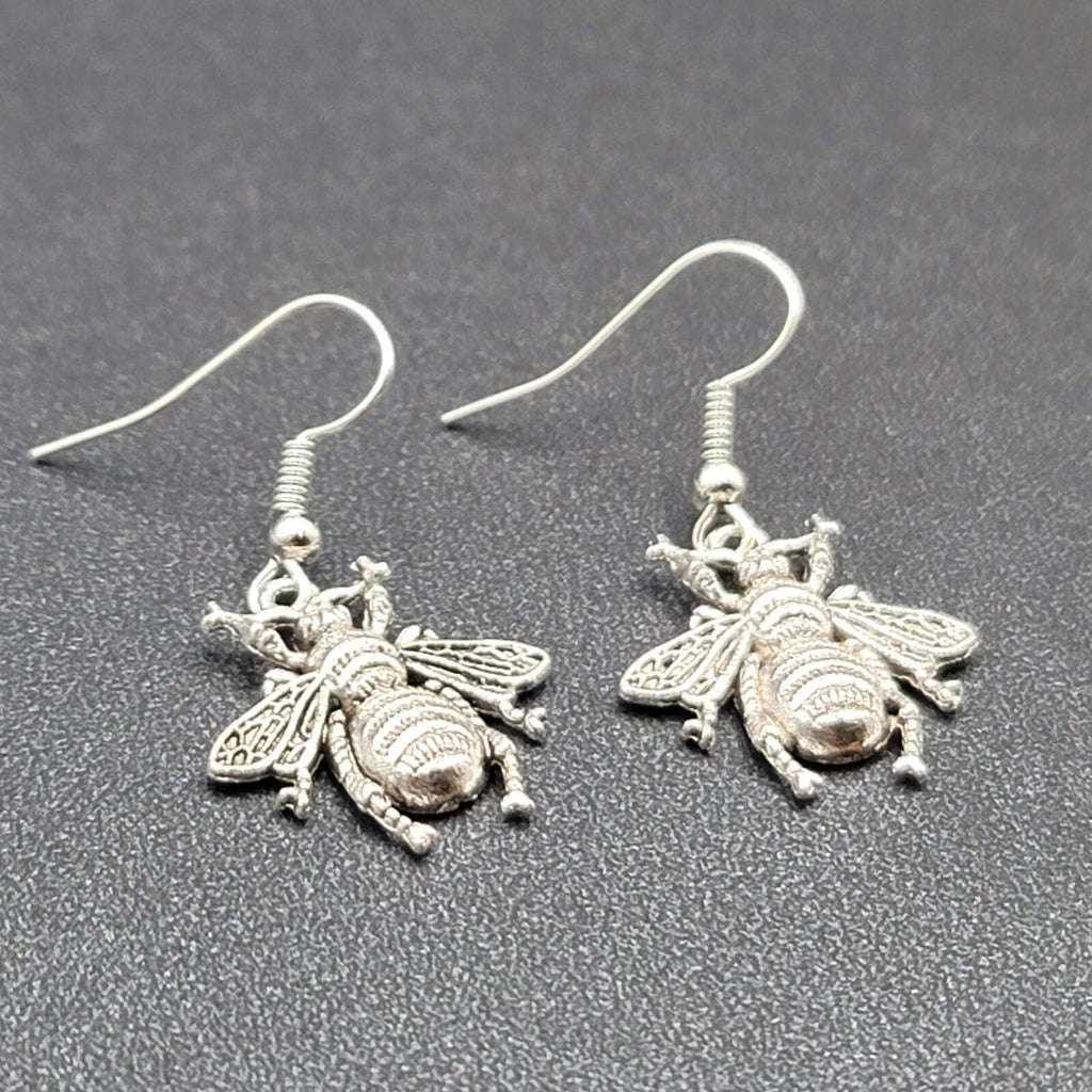Bee Pierced Earrings Silver tone Fuzzy Embossed Dangle 7/8"