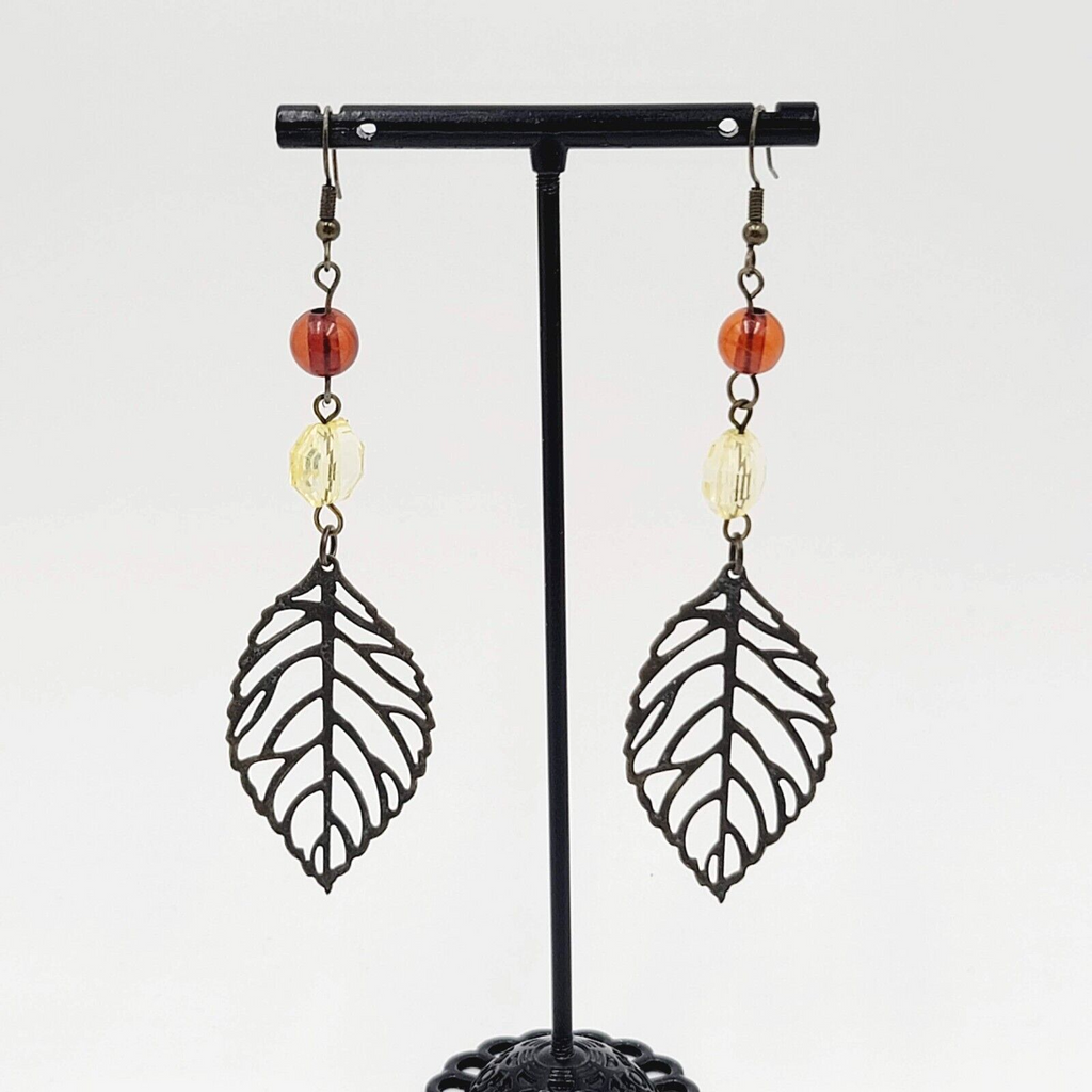 Long Pierced Earrings Beaded Open Work Leaf 3"