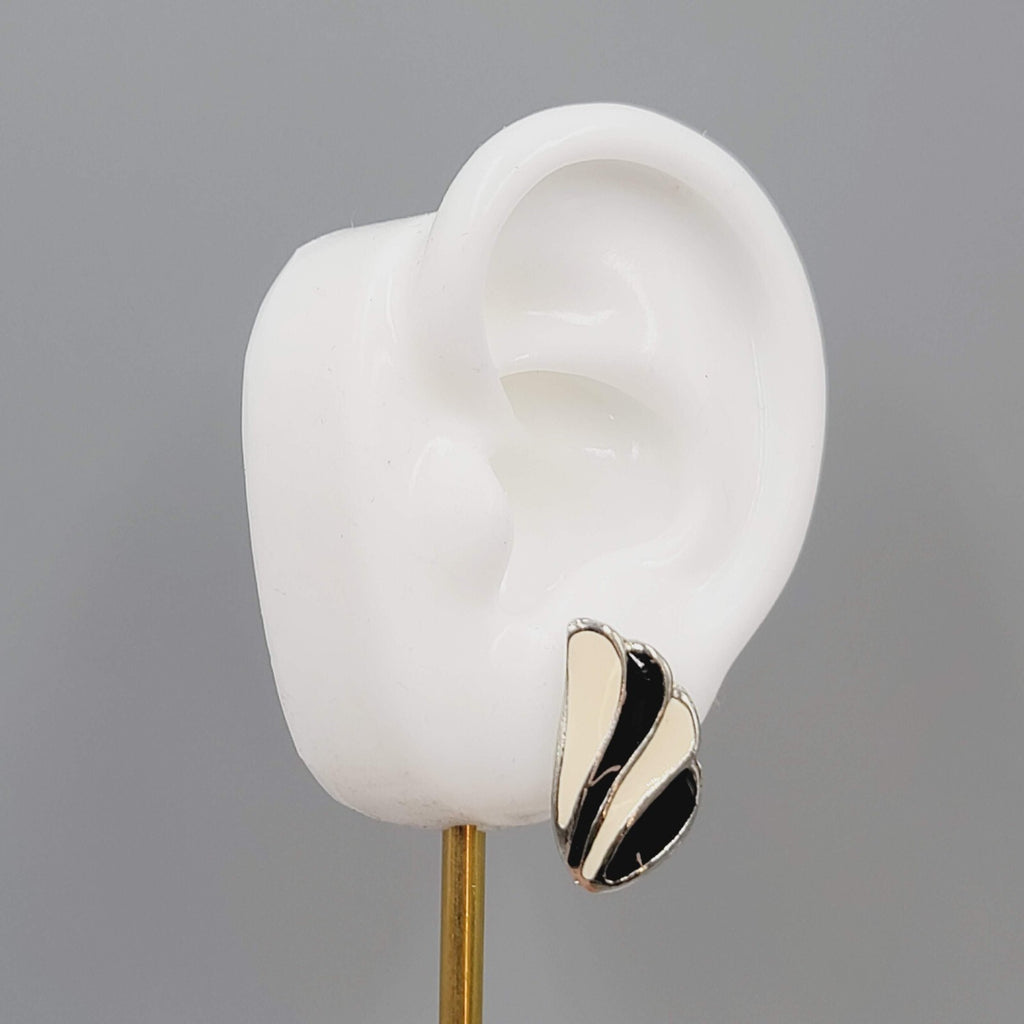 Vintage Climber Pierced Earrings Black Cream Enamel Silver tone 7/8"
