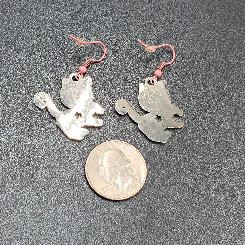 Pierced Earrings Pink White Enamel Kitty Cat Dangle Silver tone  1 1/8"