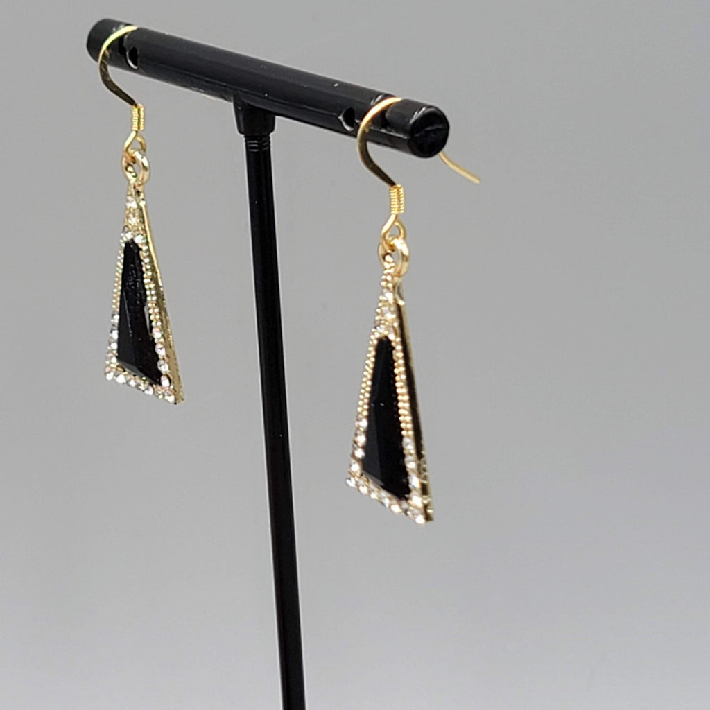 Triangle Black Rhinestone Pierced Earrings Gold tone Dangle 7/8"
