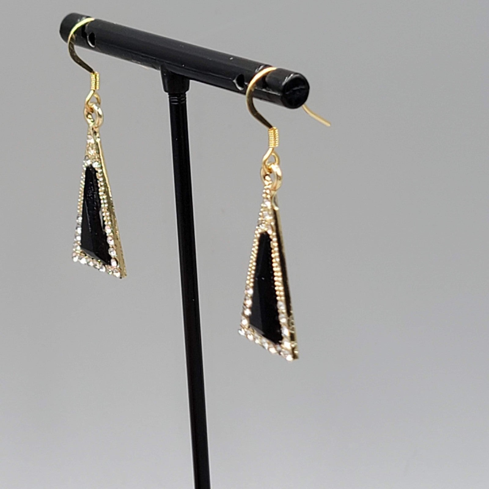 Triangle Black Rhinestone Pierced Earrings Gold tone Dangle 7/8"