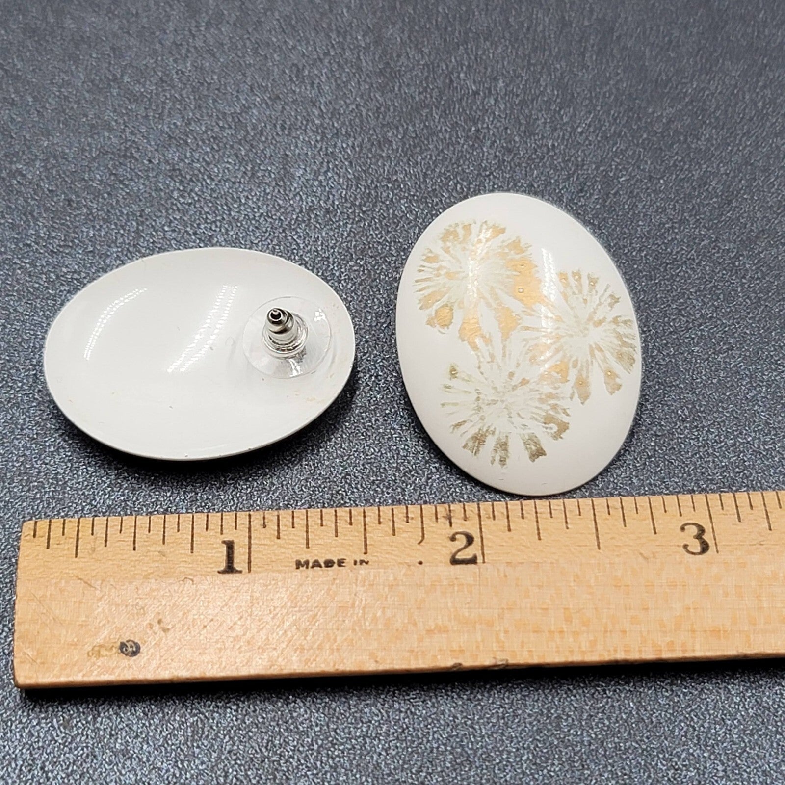Vintage Pierced Earrings White Enamel over Metal Oval Gold Flowers Drop 1 3/8"