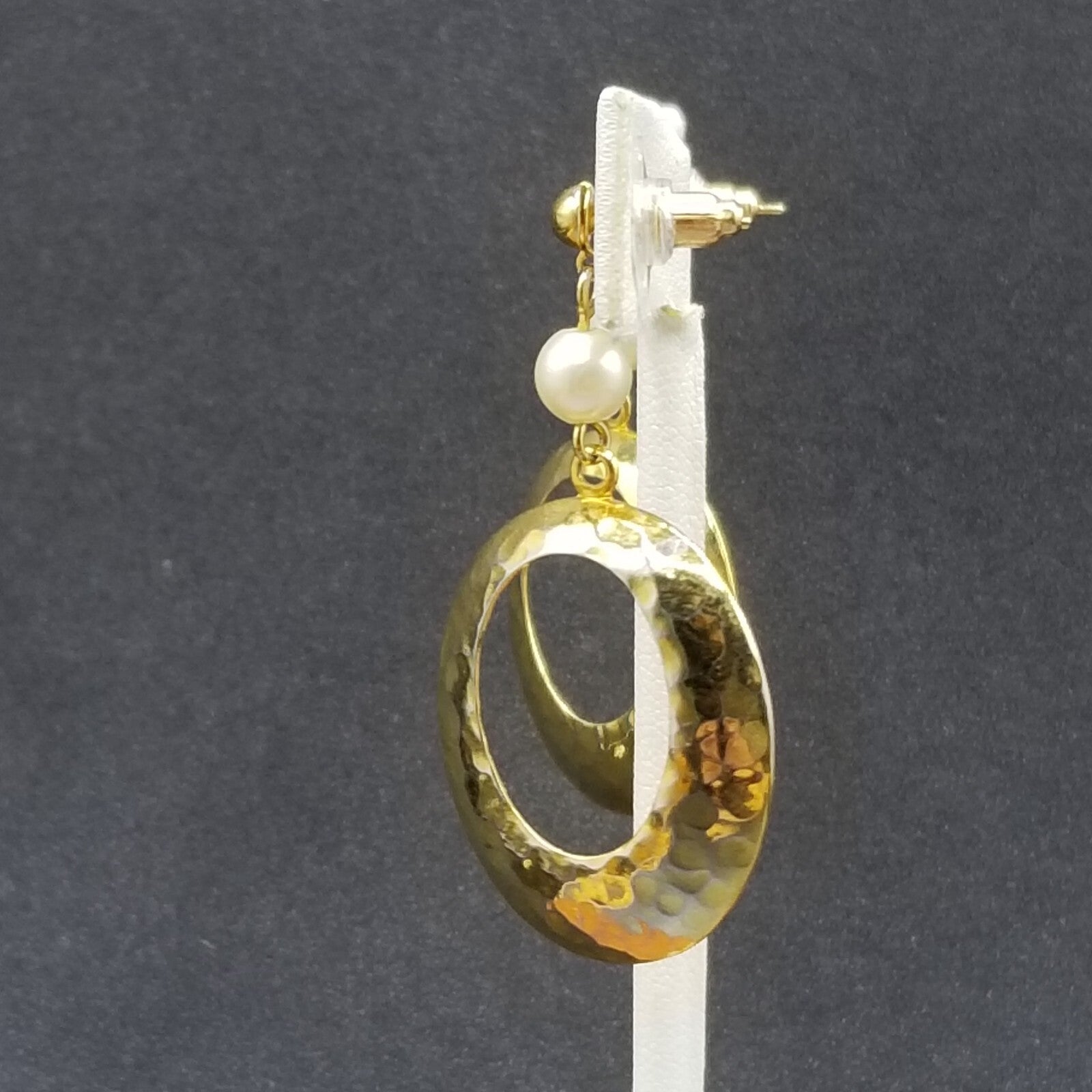 Pierced Earrings Gold tone Faux Pearl Hammered Oval Dangle 1 7/8"