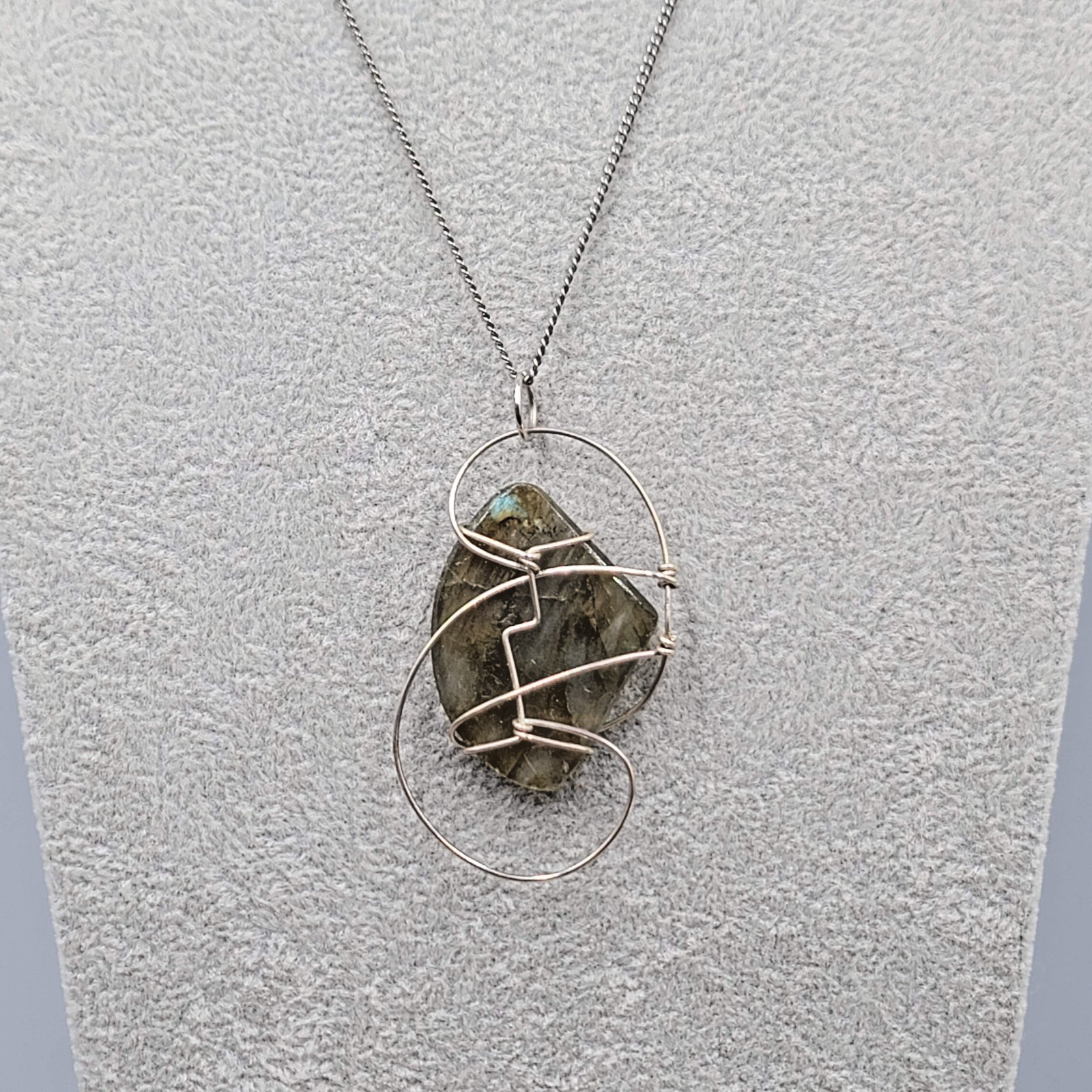 Labradorite Wire Wrapped Pendant Necklace Silver tone 24 in