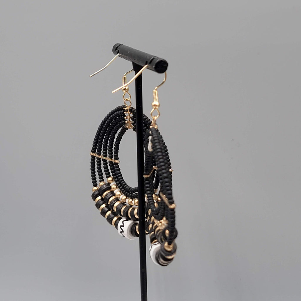 Pierced Earrings Black Gold tone Bead Hoops Boho Dangle 2"