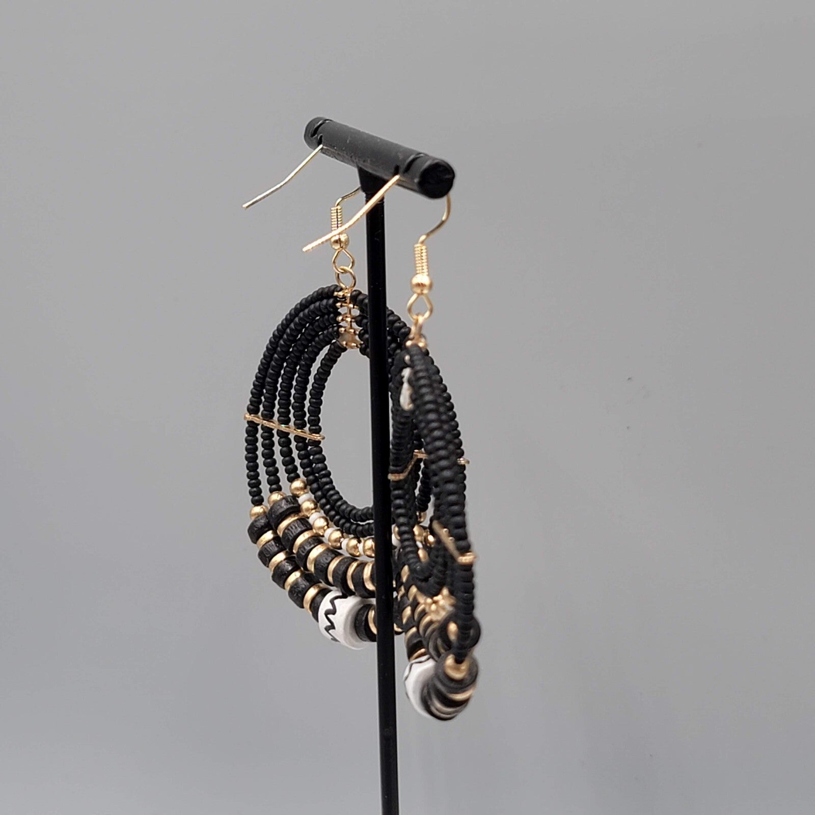 Pierced Earrings Black Gold tone Bead Hoops Boho Dangle 2"