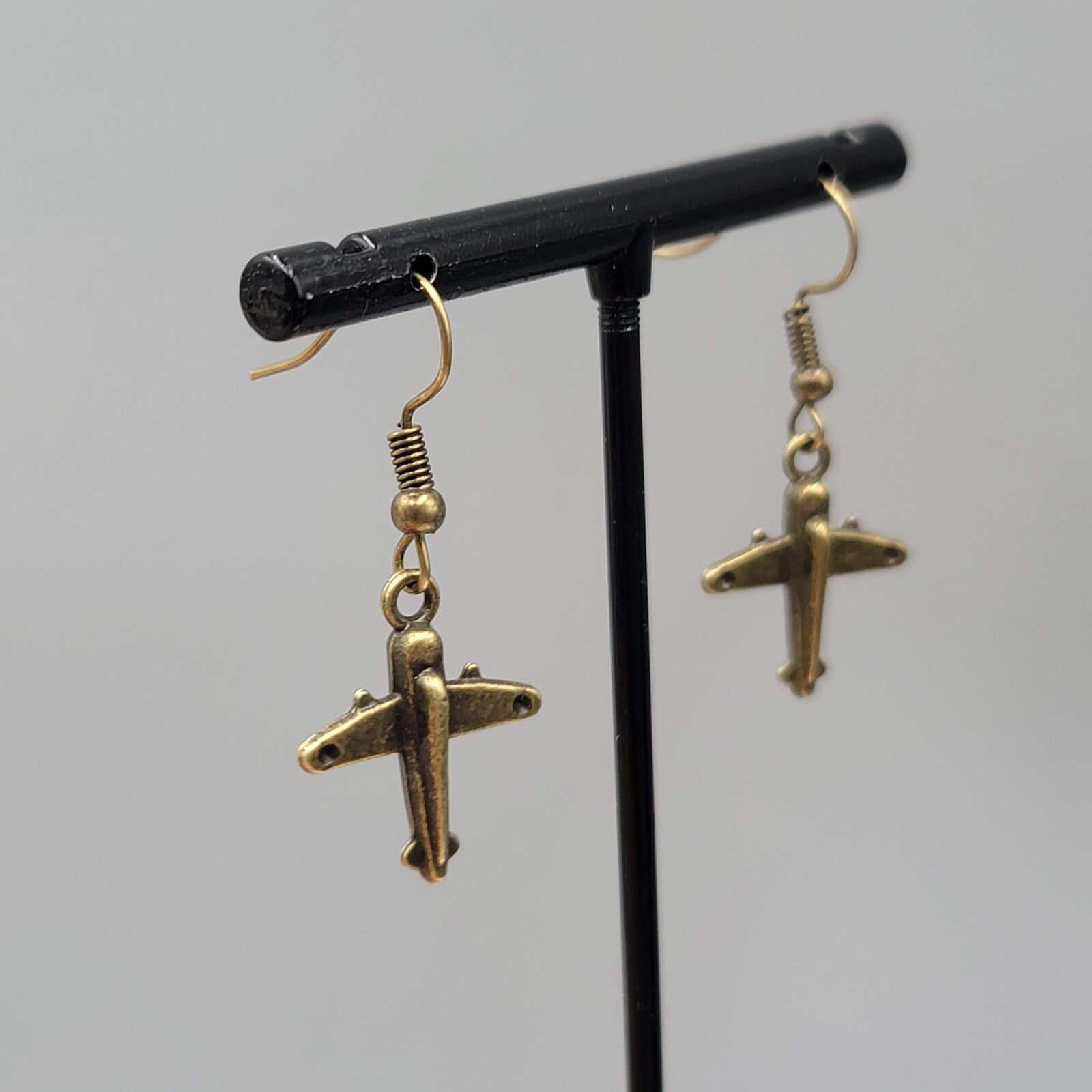 Airplane Pierced Earrings Bronze tone Dangle NEW 3/4"
