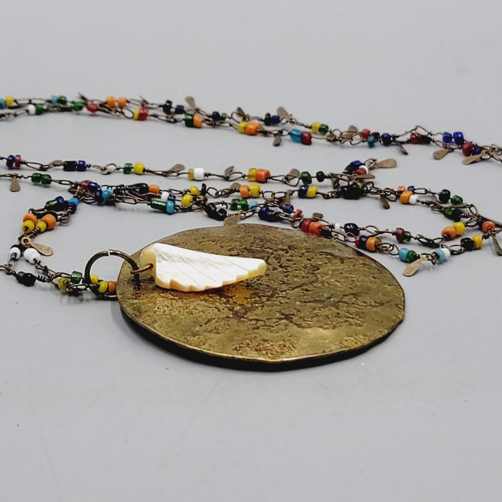 Artisan Multicolor Seed Beads Large Brass Pendant Necklace Long 42 in