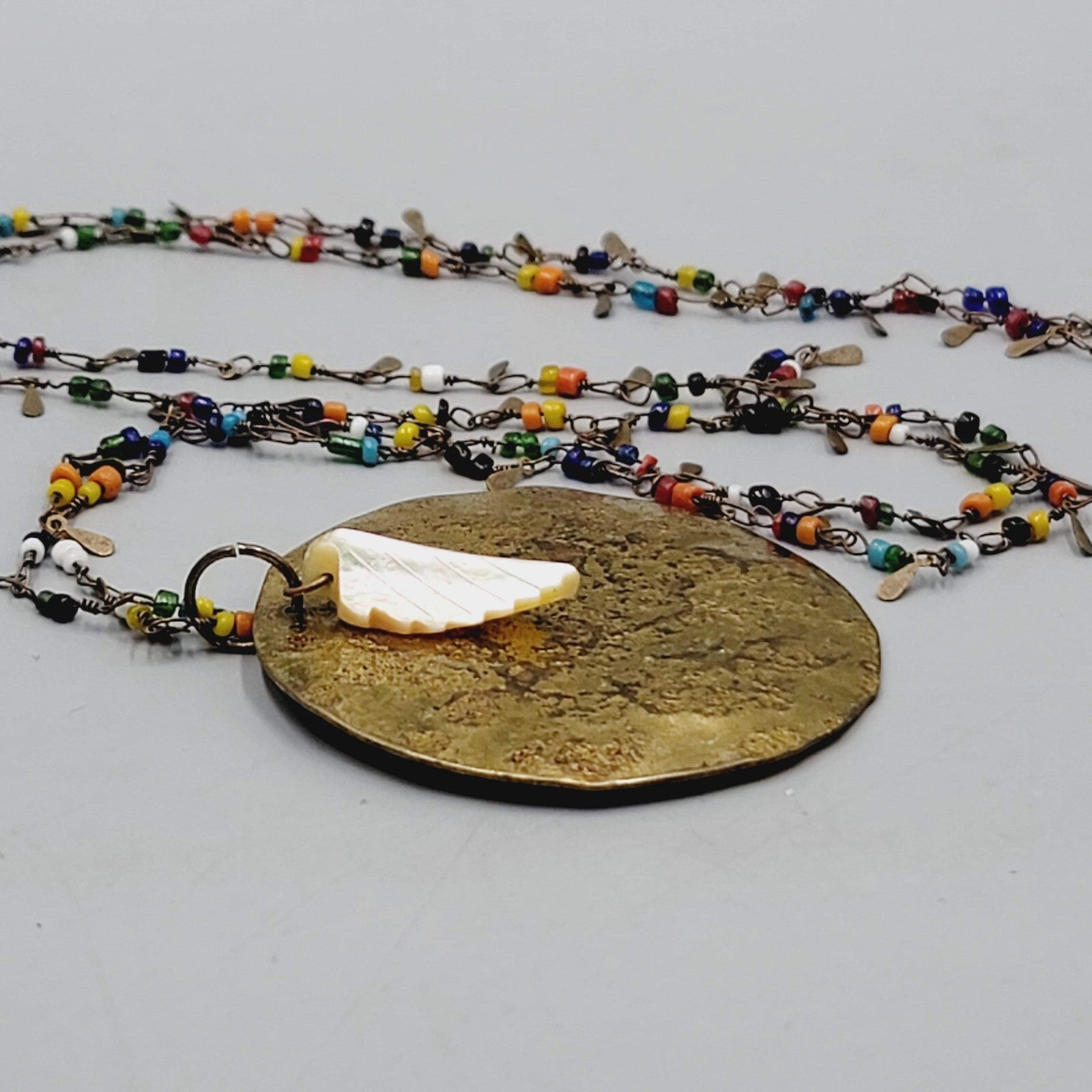 Artisan Multicolor Seed Beads Large Brass Pendant Necklace Long 42 in