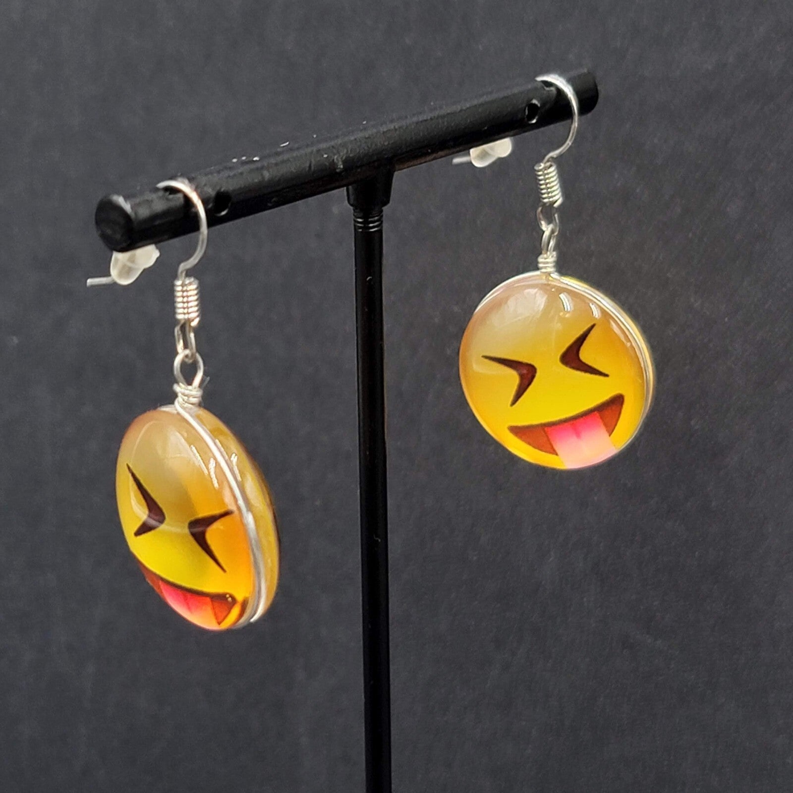 Pierced Earrings Glass Yellow Laughing Emoji Dangle 1"