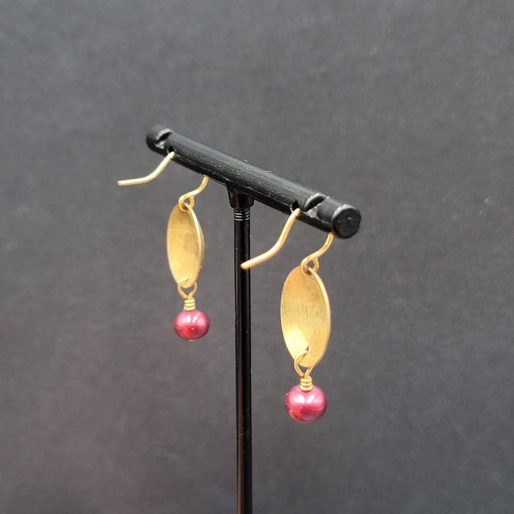 Pierced Earrings Brushed Gold Plated Embossed Disk Red Bead 1"