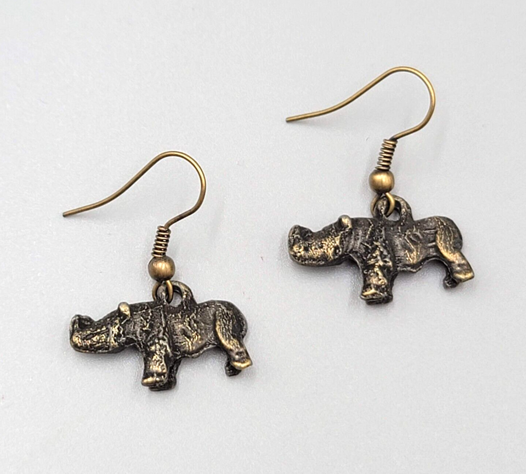 Rhinoceros Pierced Earrings Bronze tone Dangle 1/2"