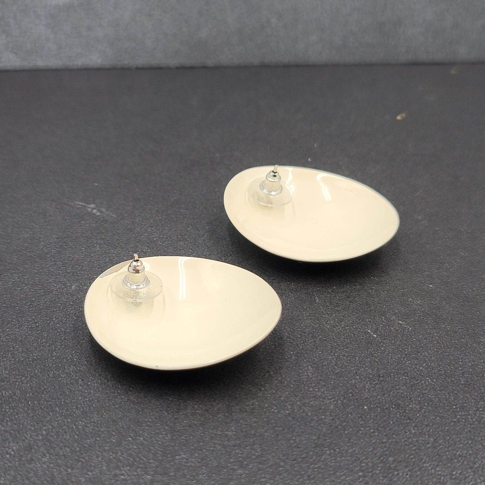 Vintage 1980s Pierced Earrings White Pink Blue Enamel over Metal 1.5"