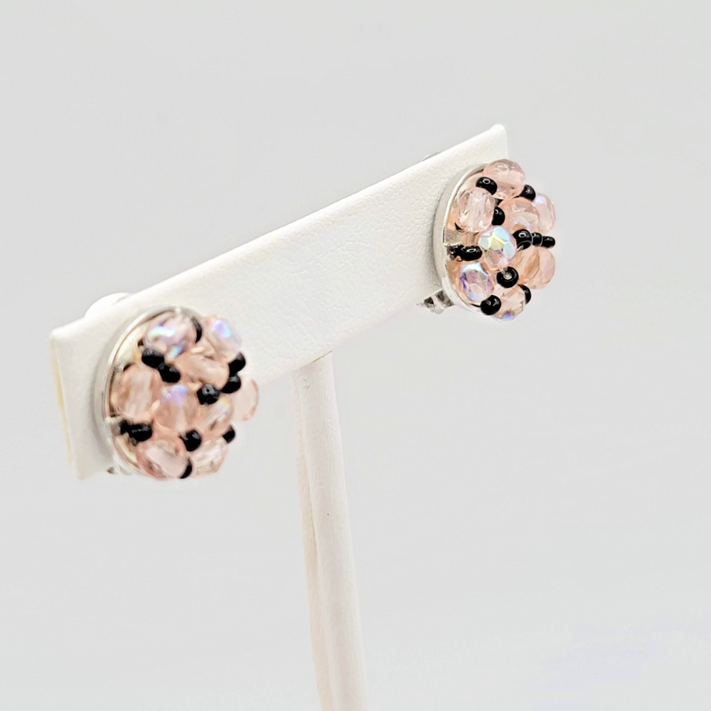 Vintage Pink Bead Stud Clip on Earrings Silver tone Round 5/8 in