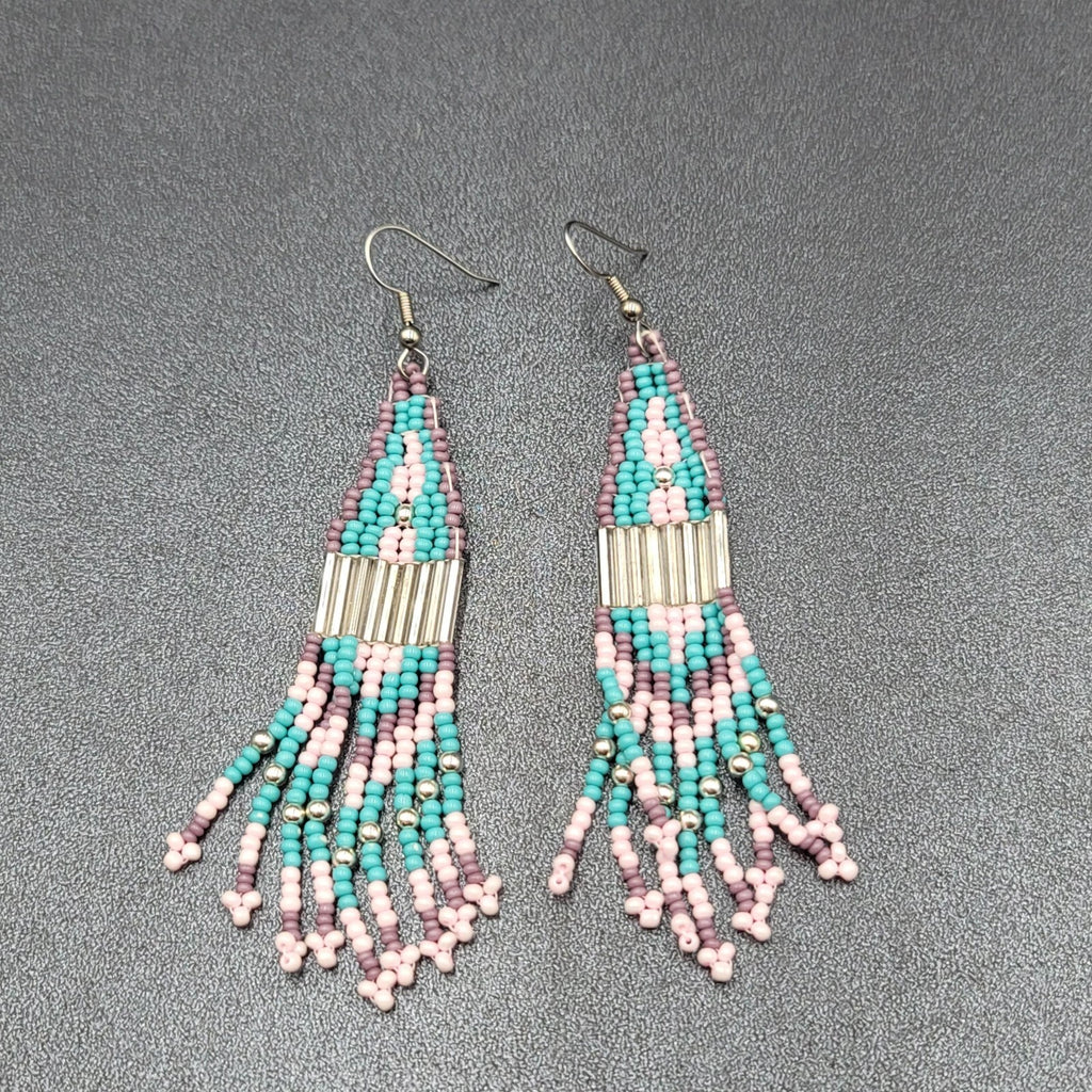 Pierced Earrings Blue Pink Purple Seed Bead Weaved 3 3/8"