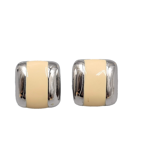 Cream Enamel Pierced Earrings Silver tone Square Drop 3/4 in