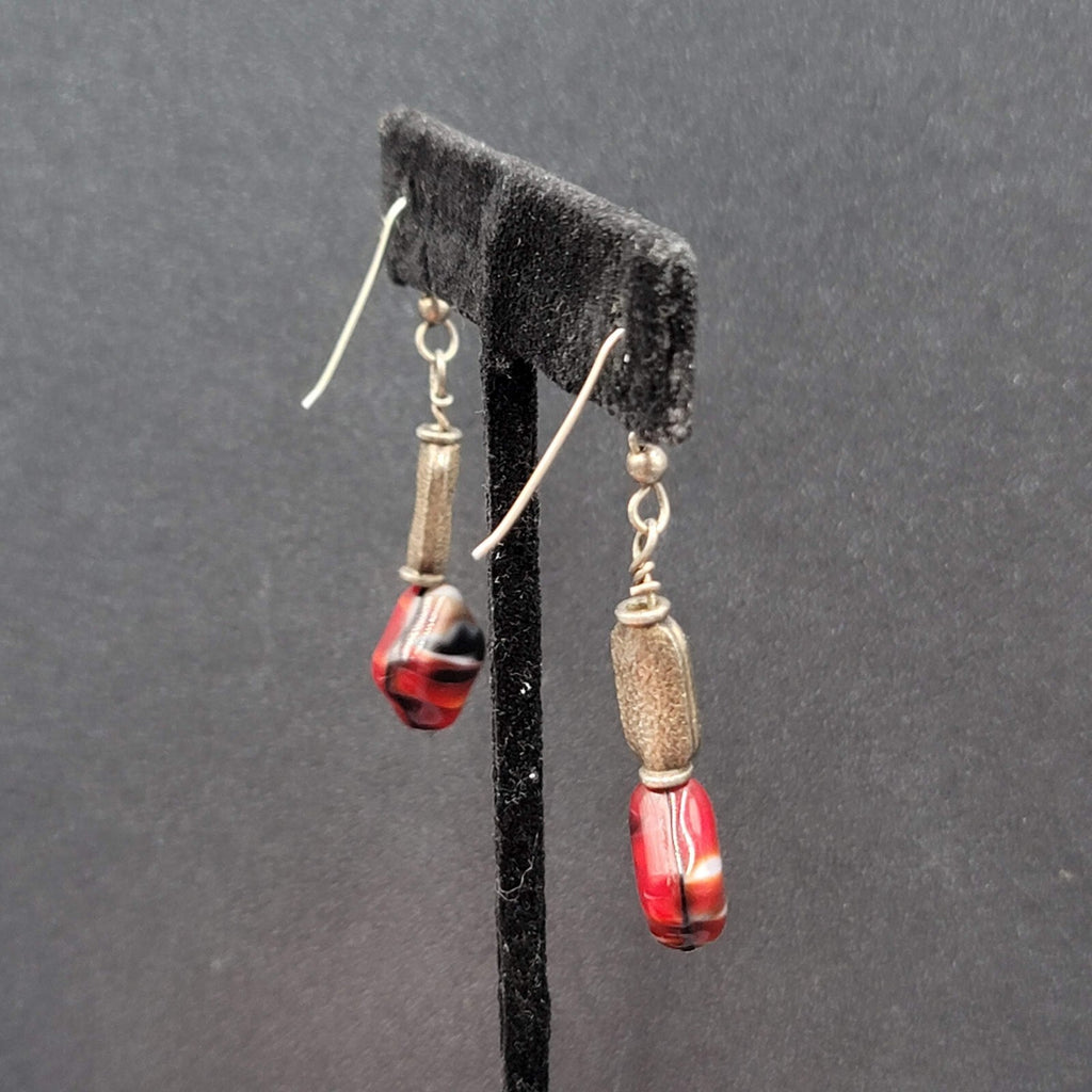 Pierced Earrings Silver tone Red Art Glass Square Bead Dangle 1.25"