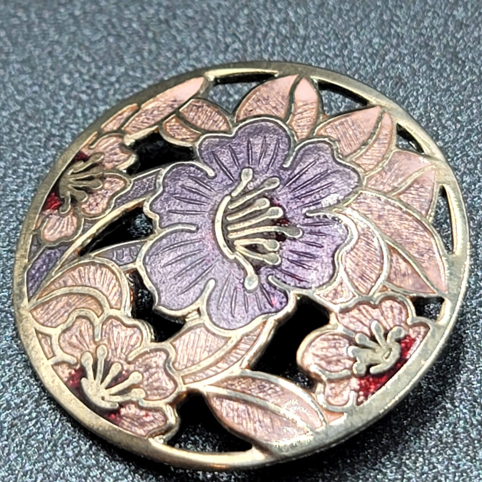 Vintage Cloisonne Brooch Silver tone Round Enamel Iris Flower 1.25"