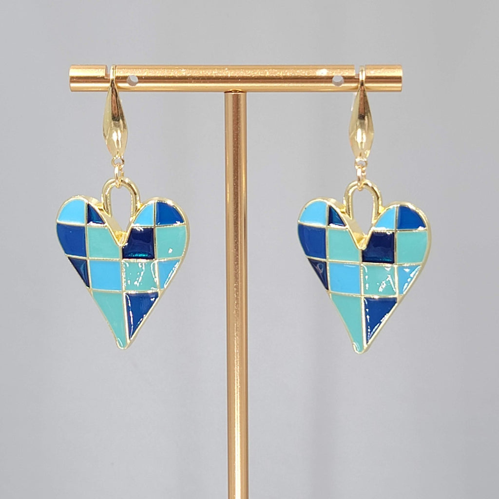 Blue Enamel Checkered Heart Pierced Earrings Gold tone Dangle Large 1.5"