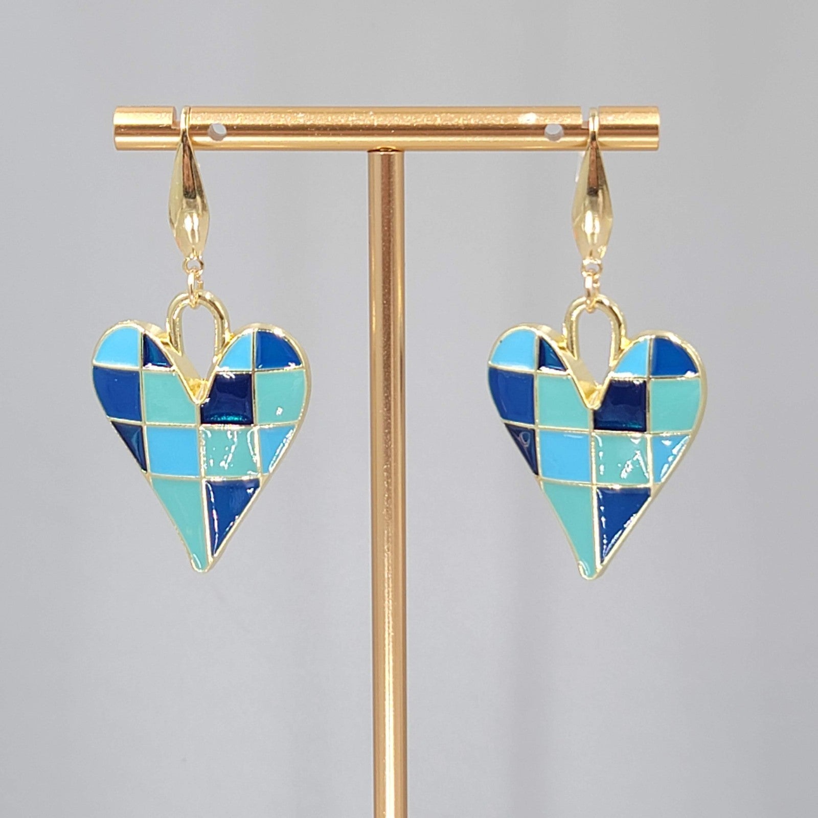 Blue Enamel Checkered Heart Pierced Earrings Gold tone Dangle Large 1.5"