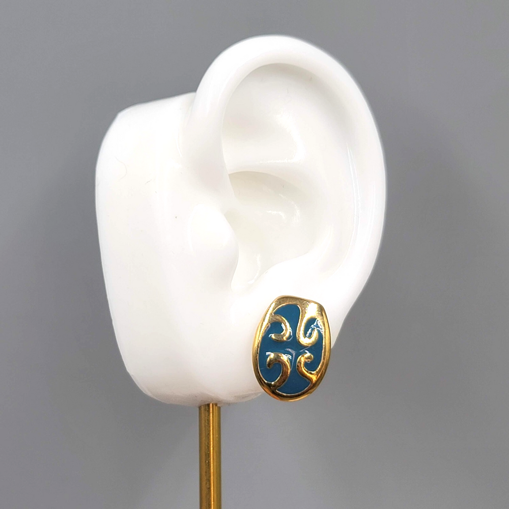Stud Pierced Earrings Gold tone Blue Enamel Swirl 5/8"