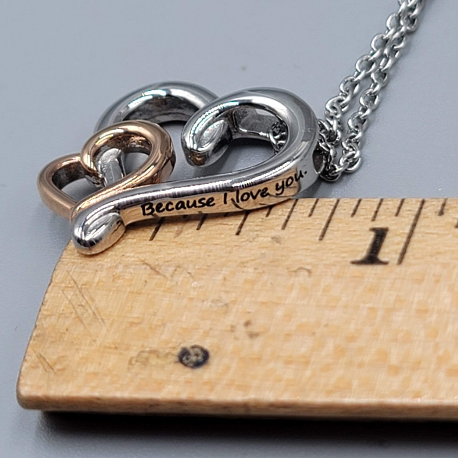 JCM Because I love you Necklace Double Heart Pendant Silver Plated 18"-20"