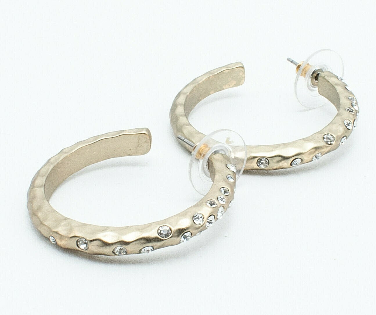 Vintage Pierced Earrings Textured Goldtone Rhinestone Hoops Costume  1"