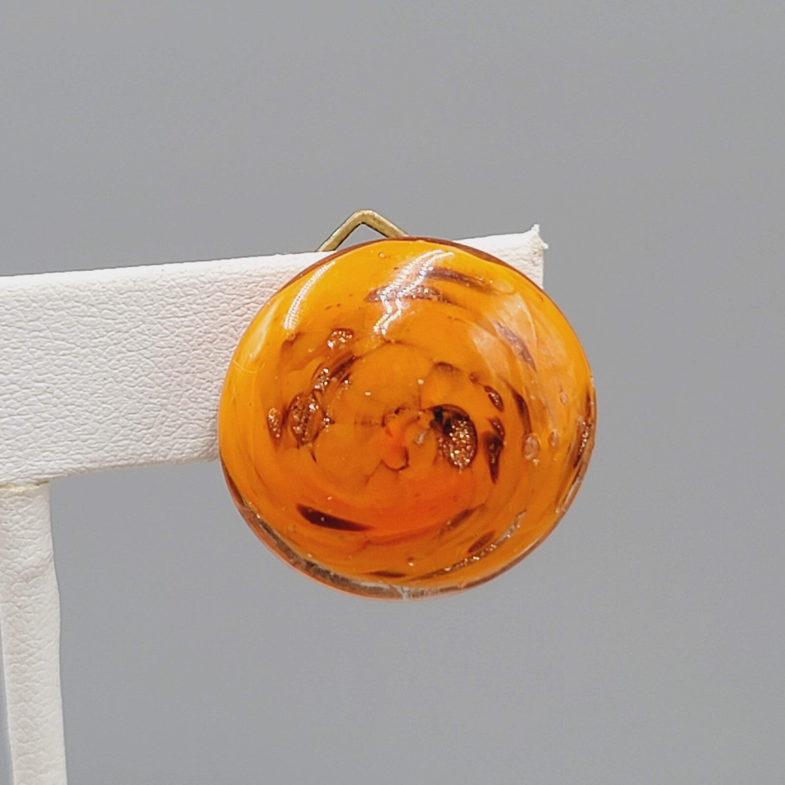 Vintage Italian Art Glass Clip on Earrings Orange Gold Flecks Round 7/8"