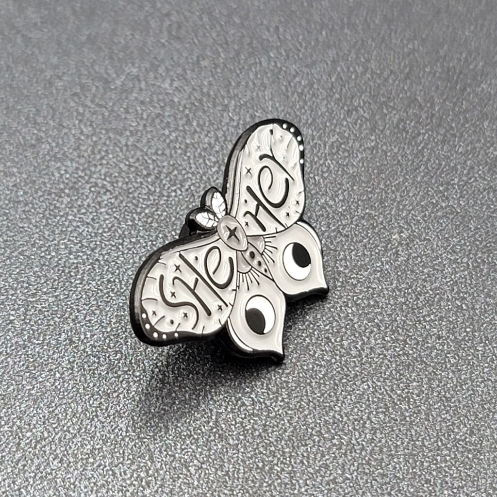 Moth She Her Black Gray Enamel Lapel Hat Pin 1 1/8"